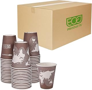 Compostable Disposable World Art 8oz Small Coffee Cups, Case of 1000, Renewable Hot Paper Cup, Plant Based PLA Lining, Color Coded