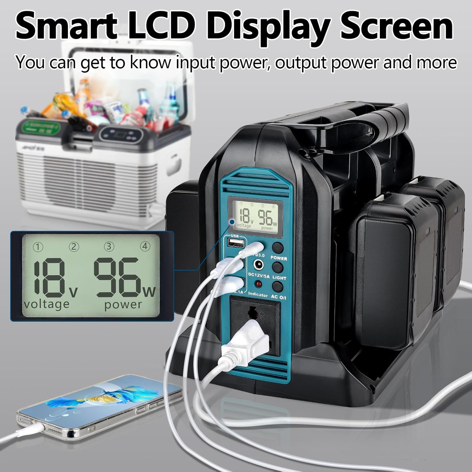 350W Portable Power Supply Inverter Compatible with Makita 18V Battery, 4 Port Power Adapter DC 20V to AC 120V Converter with USB Port, Type-C Port, 300LM LED Light for Camping Emergency(Tool Only)