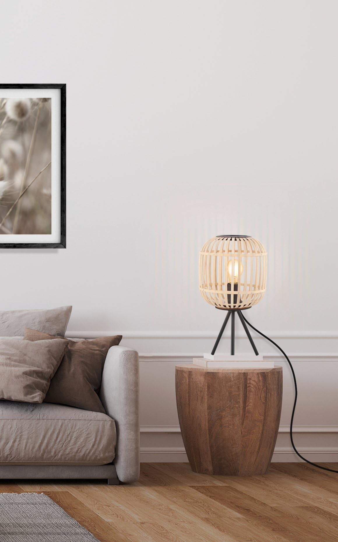 EGLO lampa stołowa Bordesley, 1-płomienna lampa vintage, naturalna, boho, hygge, lampka nocna ze stali w czerni i drewna w naturalnych odcieniach, lampa do salonu, z włącznikiem, oprawka E27