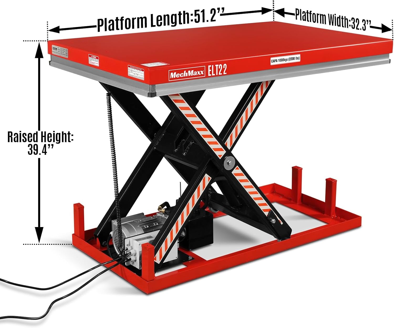 2200lb Capacity Stationary Electric Hydraulic Lift Table, 51.2” x 32.3”Platform, 39.4”Lift Height,UL Certified Motor,Model ELT22