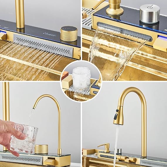 Kitchen Sink Deluxe Smart Waterfall Kitchen Sink Modern Multifunctional Stainless Steel Sink Utility Farmhouse Sink With integrated faucet, cup washer, soap dispenser included (Gold, 31.5 * 18in)