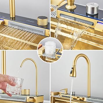 Kitchen Sink Deluxe Smart Waterfall Kitchen Sink Modern Multifunctional Stainless Steel Sink Utility Farmhouse Sink With integrated faucet, cup washer, soap dispenser included (Gold, 31.5 * 18in)
