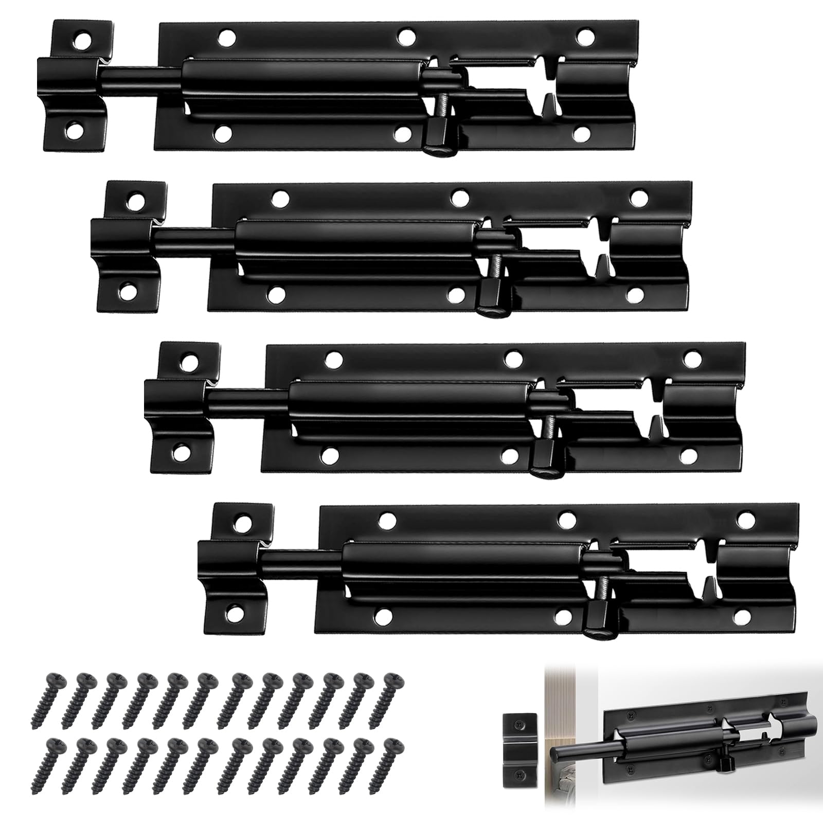 Door Security Slid Latch Lock, 4 Pack 5 Inch Door Lock Bolt, Barrel Bolt Stainless Steel Sliding, Door Latch Lock with Screws, Heavy Duty Door Security Bolts for Home Yard Garden(Black)