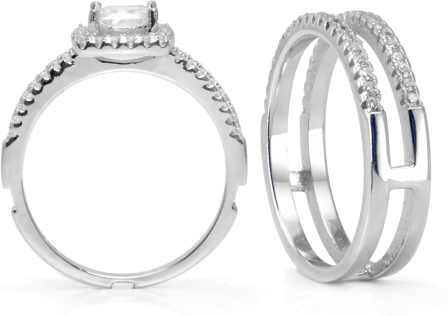 Metal Factory 925 Sterling Silver Cushion Cubic Zirconia CZ 2Pc Halo Wedding Engagement Ring Insert Set