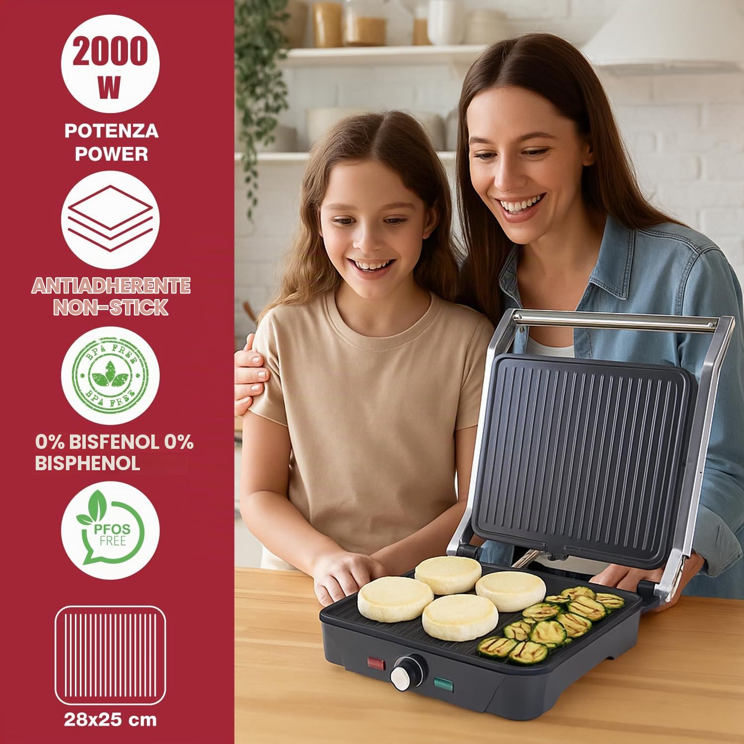 BEPER P101TOS503 GRAND GRILL Parrilla Eléctrica Multifunción 3 en 1: Sartén para Carne, Plancha para Paninis y Parrilla Barbacoa – Placas de 28 x 25 cm, Apertura de 180°, Termostato Ajustable – 2000W