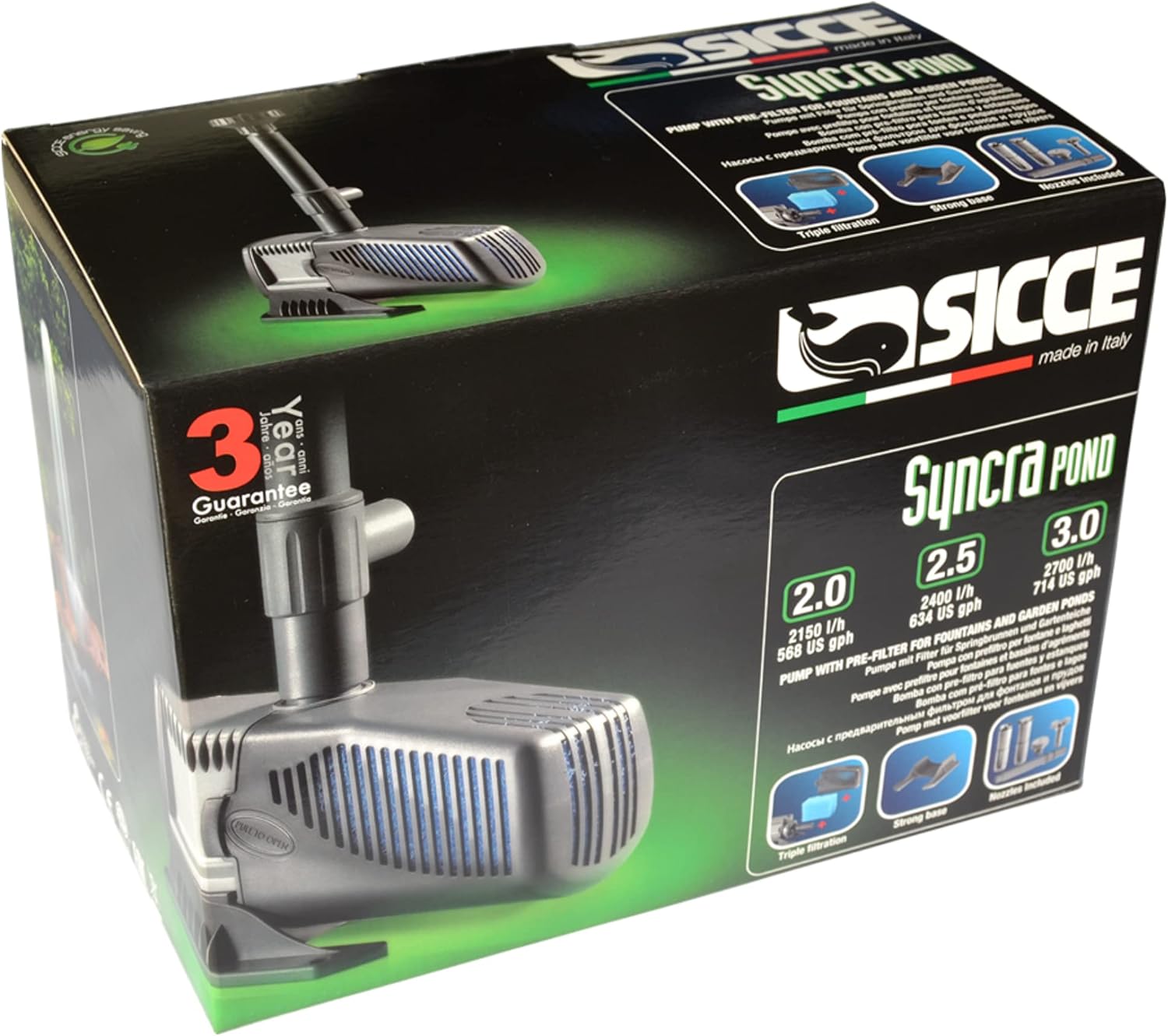 SICCE SyncraPond 3.0 - 714 GPH Pump – Koi Friendly, Self-Cleaning Impeller, Hose Fittings Included