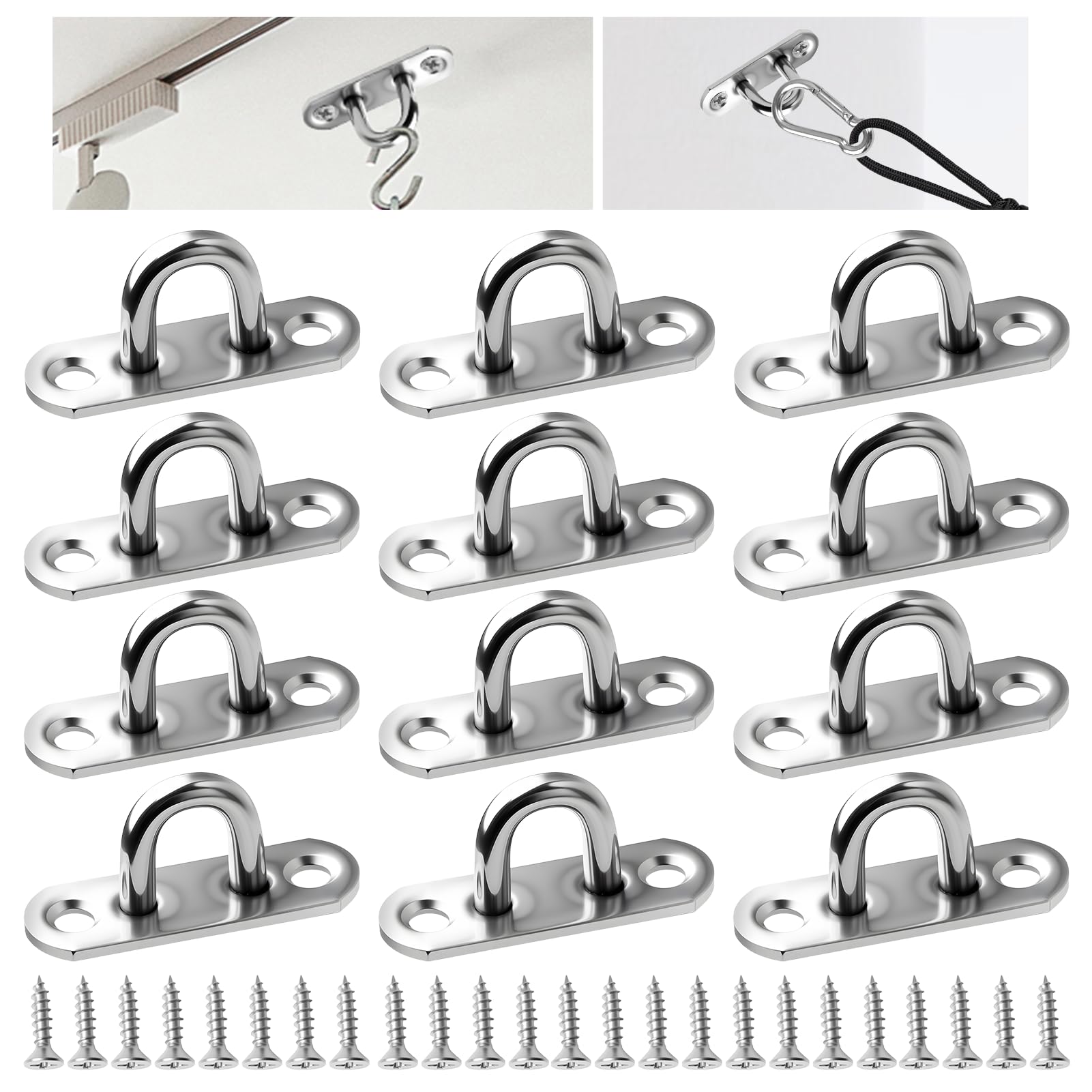 12 Pack M5 Pad Eye Plate Ceiling Hooks, Heavy Duty Stainless Steel U Shape Staple Hook Loop