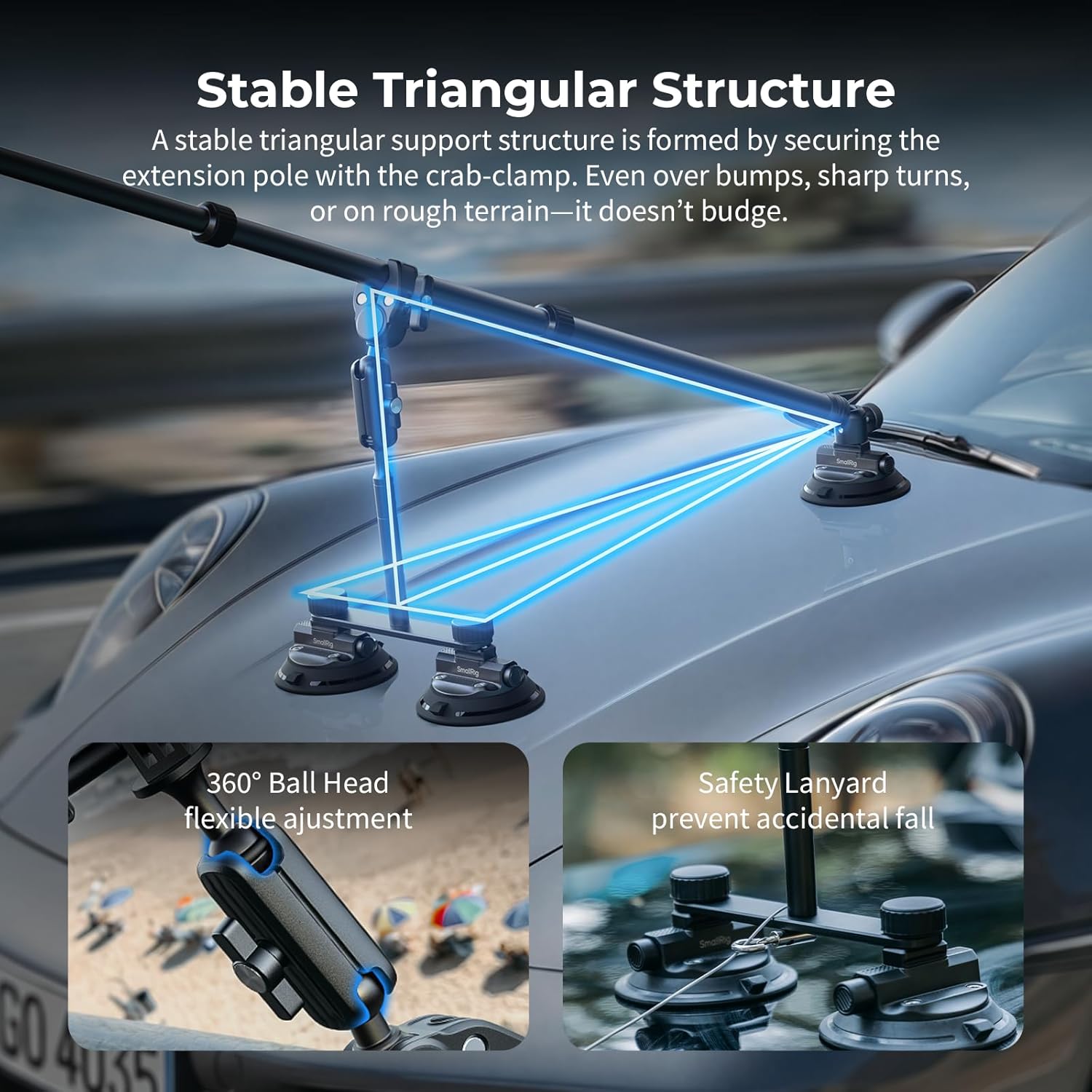 SMALLRIG Car Mount for Insta360 X5/X4/X3, for DJI OSMO 360 Camera, for GoPro, Triple Suction Cup Mount Kit with 120cm/47.2" Invisible Telescopic Selfie Stick, Ball Head, Magic Arm Clamp, Adapter -5843