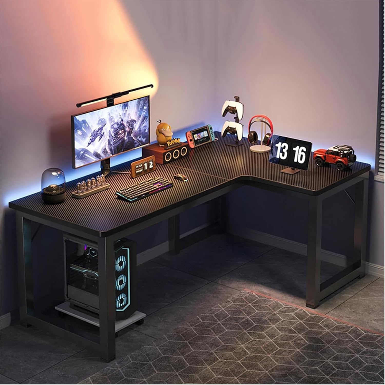L-Shaped Computer Desk, Gaming Desk, Carbon Tone, With Outlet Rack, Left and Right Switching, Shelf Height Adjustable, Desk, PC Desk, Space Saving, Large Storage, Work Desk, Home Work, Study
