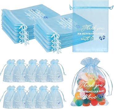 Jspupifip 100 Pcs Baby Thank You Gift Bags, 4x6 Inch Blue Boy Favor Bags, Sheer Organza, Bulk for Guests, Gender Reveal Party Favors