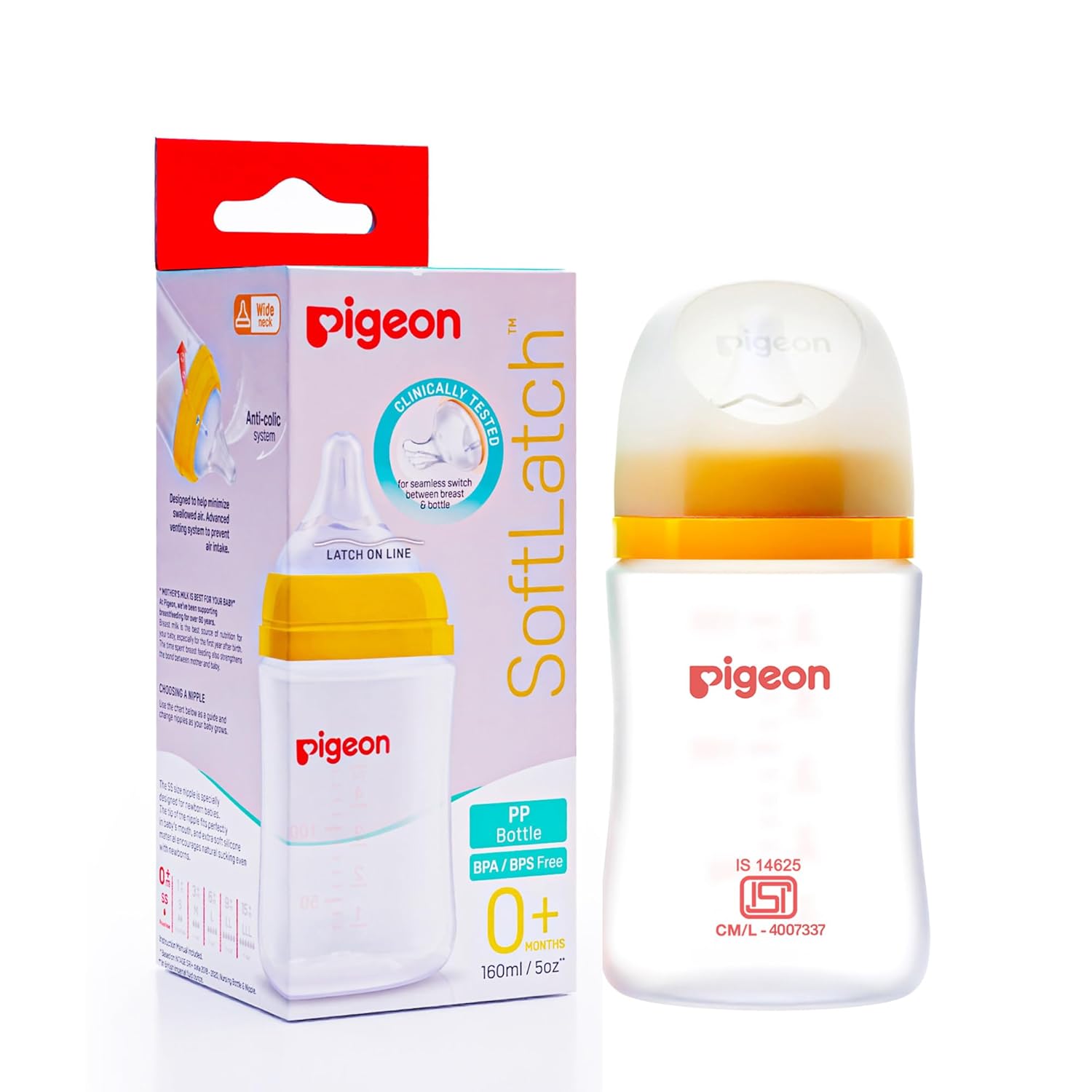 Pigeon Ease Wide Neck Baby Feeding Bottle with Medium Flow Anti Colic Soft Silicone Nipple BPA Free Wn3 Pp Nursing Bottle 160ml Plus Type Nipple-Yellow