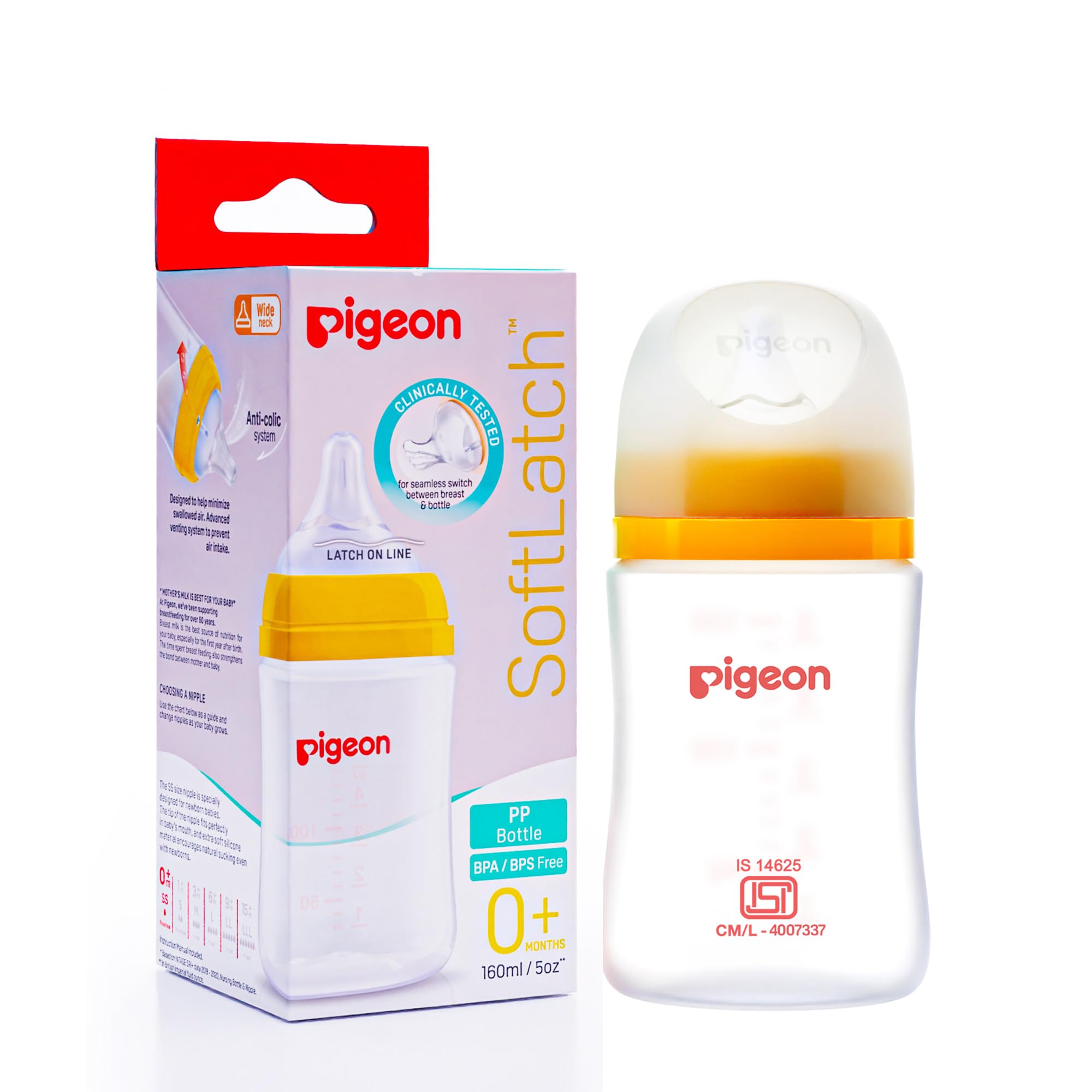 Pigeon Ease Wide Neck Baby Feeding Bottle with Medium Flow Anti Colic Soft Silicone BPA Free Wn3 Pp Nursing Bottle 160ml Plus Type -Yellow