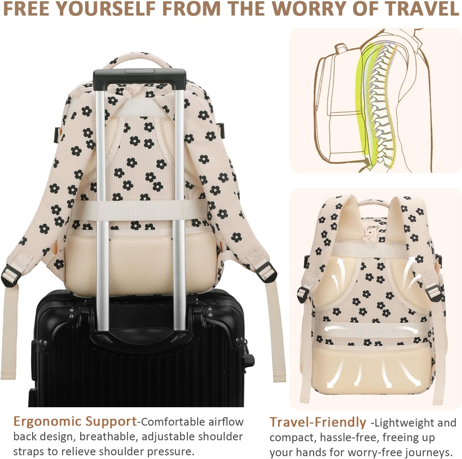 Tenot Corduroy Travel Backpack for Women, 15.6 Inch Womens Laptop Backpack TSA Approved Carry On Backpack, Personal Item Backpack for Travel Work Business, Black Floral