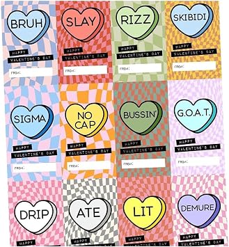 24Pcs Candy Hearts Slang Words Valentines Day Cards for School, Gen Alpha Kids, Teens, Tweens, Bulk Valentines Day Gifts, Brain Rot Humor