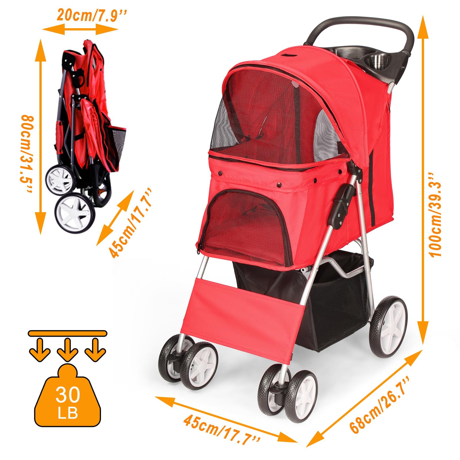 Display4top Haustier-Buggy für Hunde und Katzen, Jogger, Buggy mit 4 Rädern