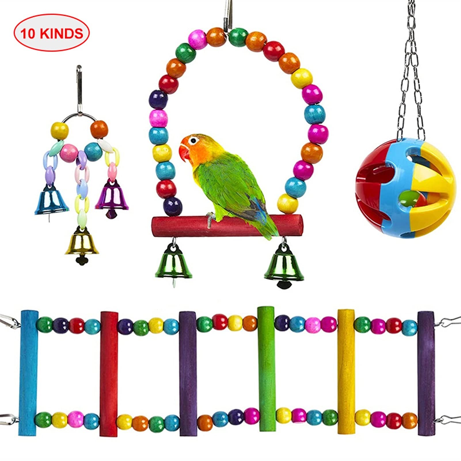 Vogelspielzeug Papageispielzeug 1. 0PCS. Set Hang Swing Bridge Kaubissen Bierbällchen Bell Holzperlen Rotierende Leiter Bird Cage Zubehör Liefert