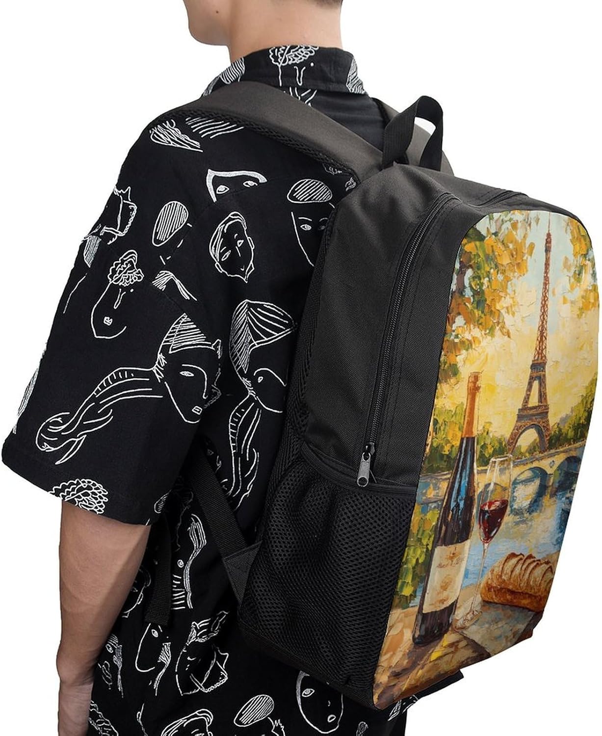 Wine French Bread Eiffel Tower Sunshine Unisex Backpack 17" Casual Daypacks Simple Shoulders Bag for Camping Hiking Travel Gear