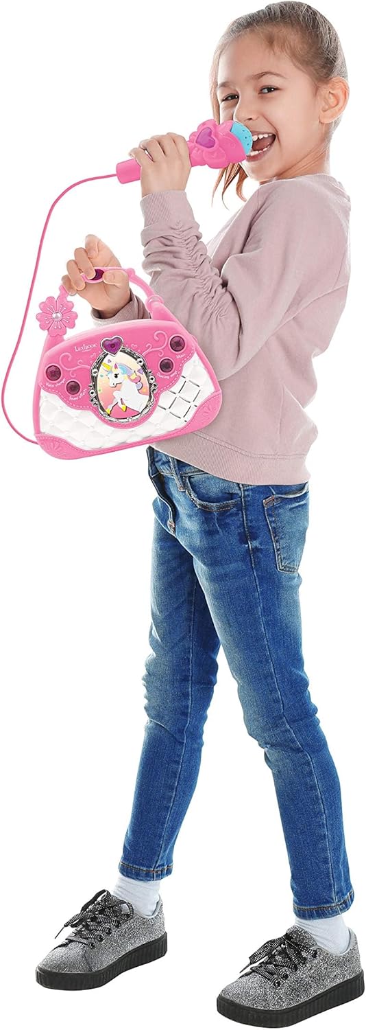 LEXIBOOK K102UNI Unicorn Karaoke Bag with Microphone, Voice Changer, Demo Songs, Light Effects, mic Included, aux-in Input, Pink/Blue