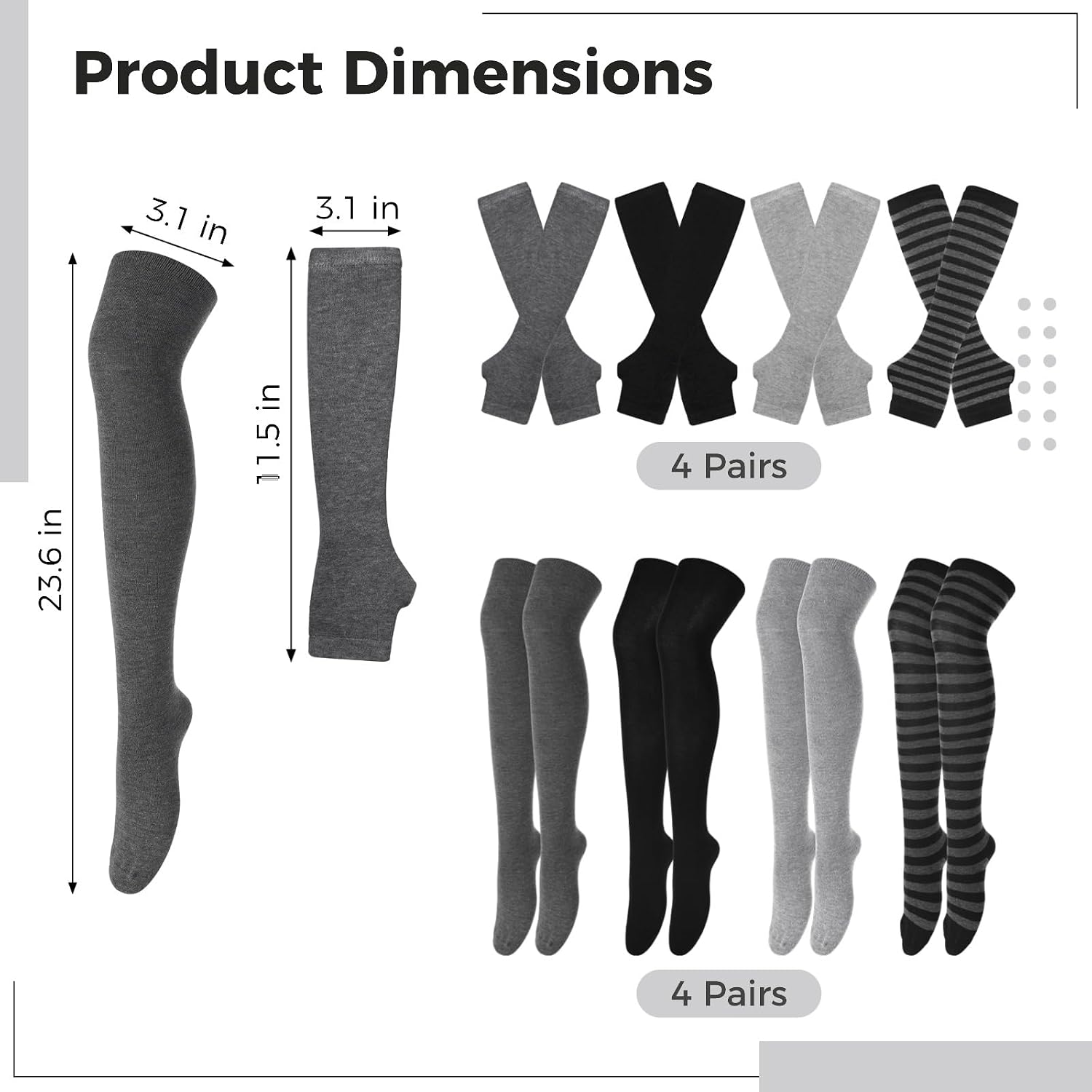 4 Set Striped Thigh High Socks and Long Knitted Arm Warmers Set, for Women, Halloween Costume Socks and Fingerless Gloves, for Party Wear, Halloween Cosplay, Christmas Outfit Accessory