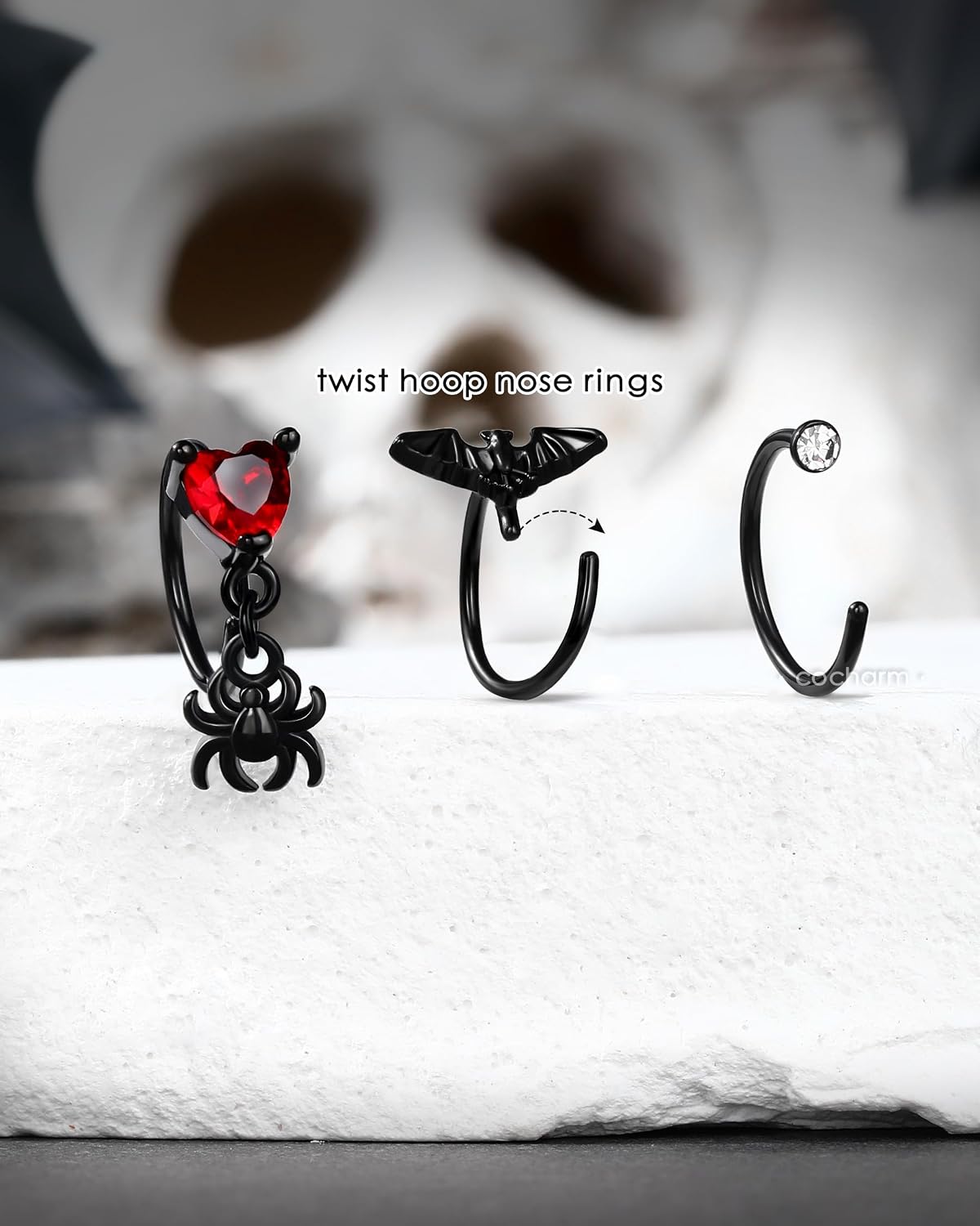 COCHARM Black Halloween Nose Rings 20g Bat Nose Hoop Nose Ring Detailed Dangle Spider Nose Hoop 8mm Hoop Nose Piercing 20 Gauge Nose Jewelry