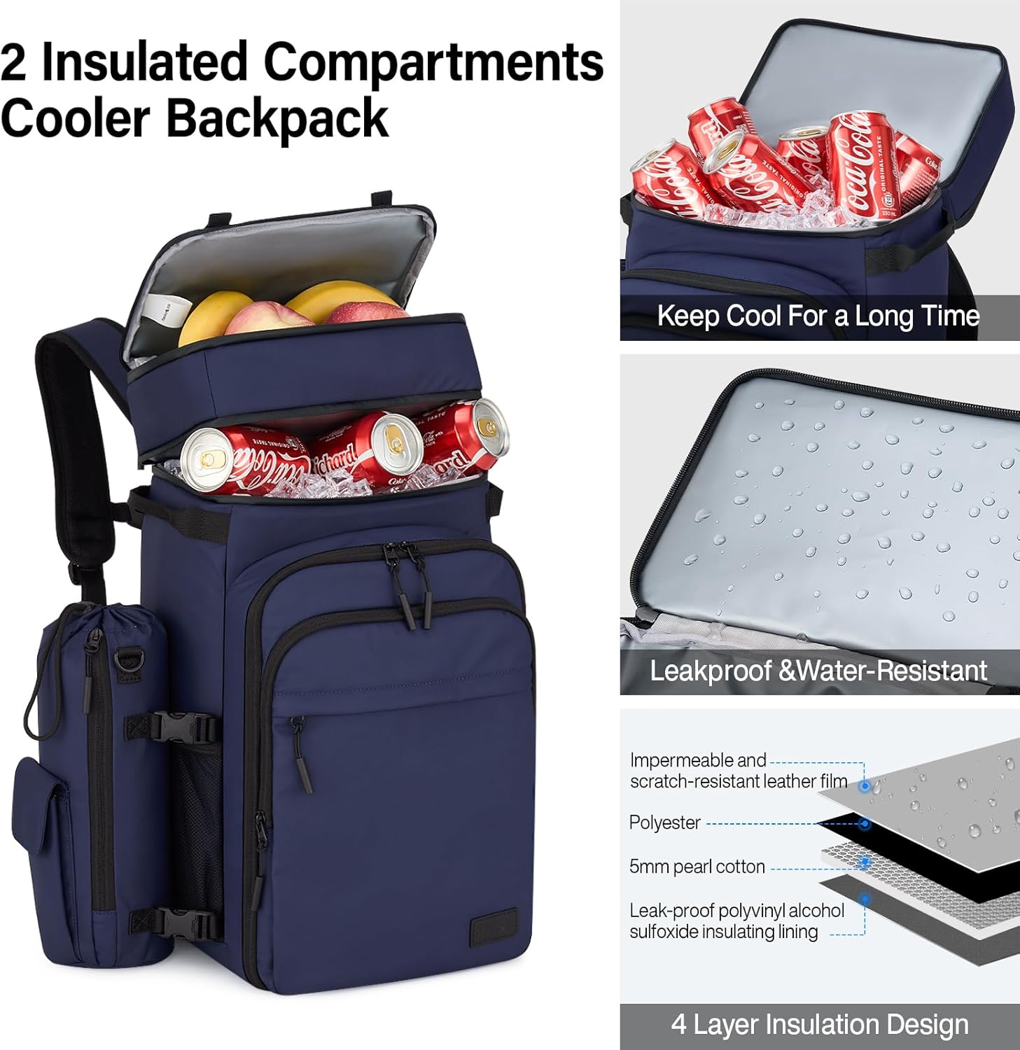 Hanke Backpack Cooler, 40 Cans Soft Leak Proof Picnic Backpack, Portable 2 Insulated Compartments Cooler Backpack Water Resistant for Lunch Beach Travel Camping Picnic Hiking,Blue