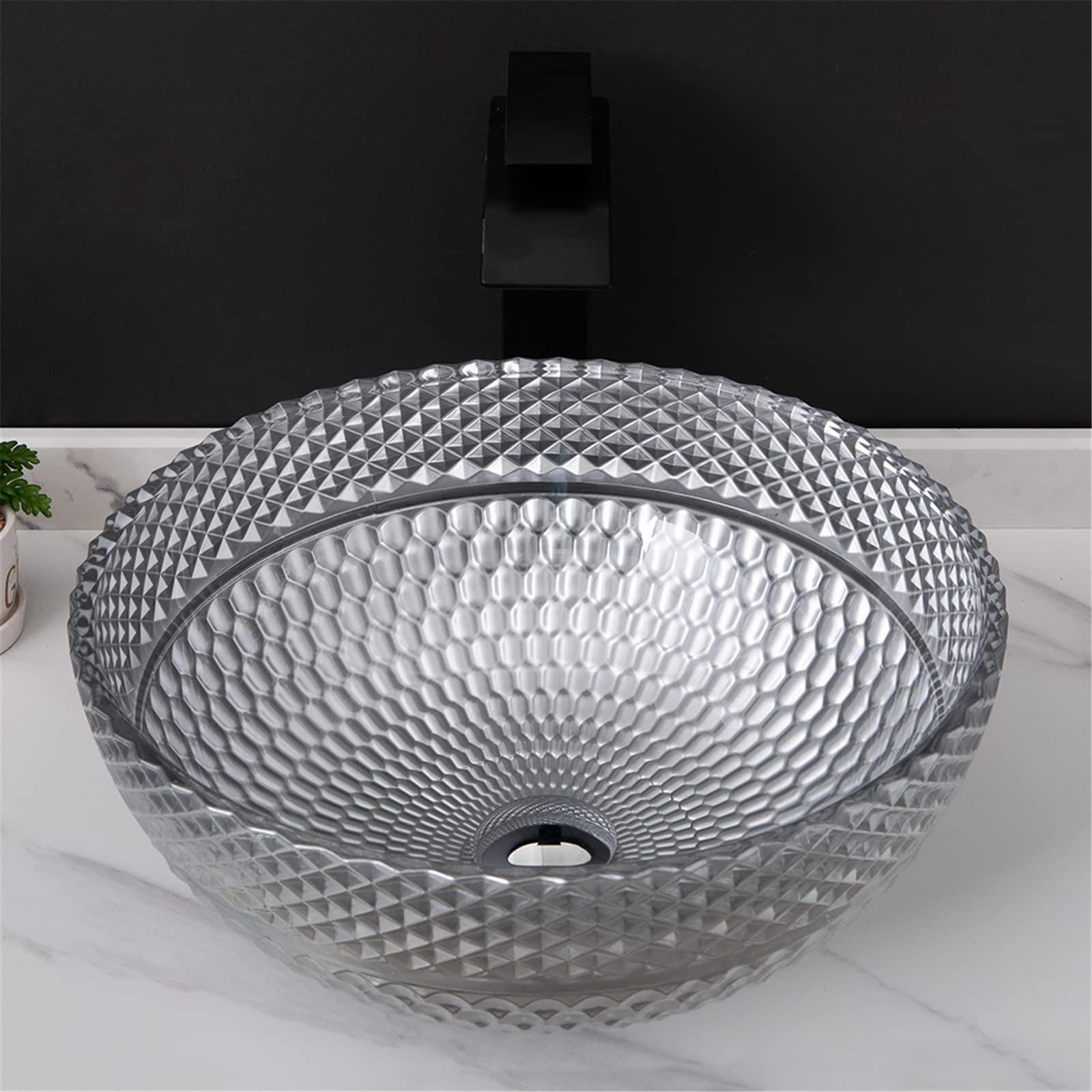 Lavandino da appoggio e Rubinetto per Il Bagno, lavabo da appoggio Rotondo in Vetro Artistico, Rubinetto Nero con Set di Scarico e Accessori, Grigio