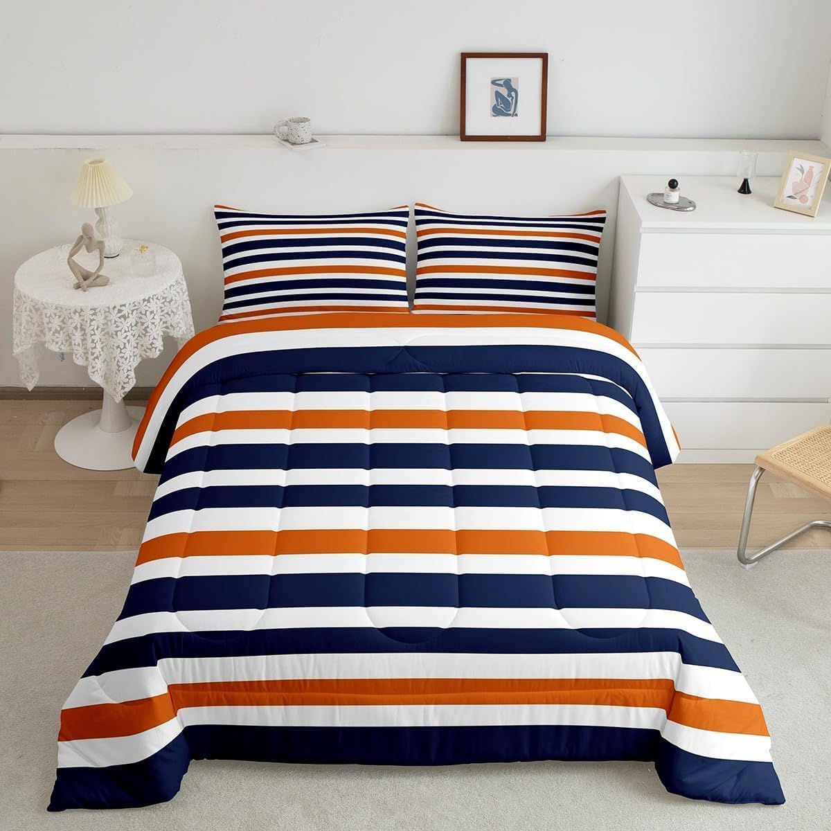 Homewish Stripe Art Comforter Set Queen for Boys Kids Blue and Orange Room Decor Modern Simple Comforter Aldults Bedroom Stripes Bedding Set 1 Comforter with 2 Pillow Cases,Lightweight Warm Soft