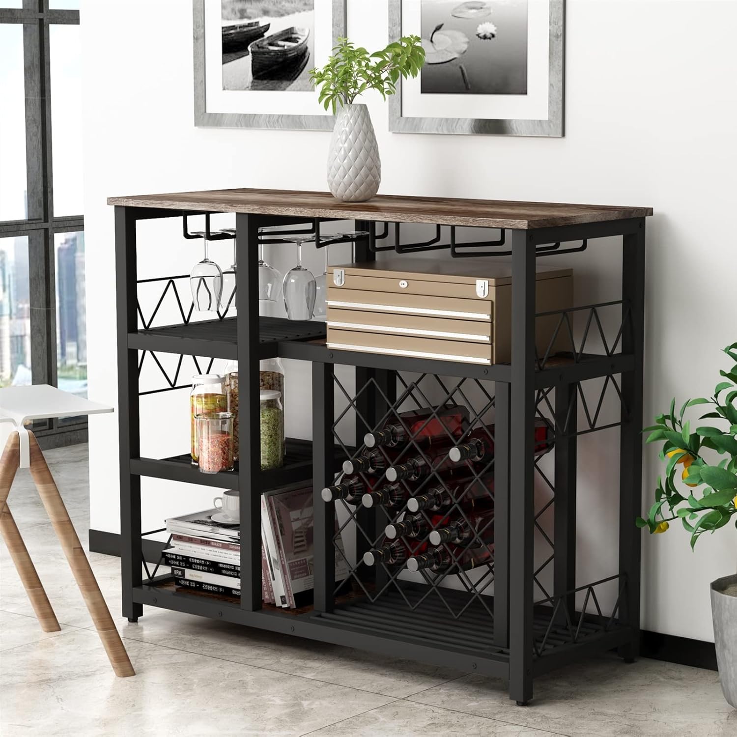 Industrial Wine Rack Table with Glass Holder and Wine Storage, Console Table with Wine Rack, Wine Bar Cabinet for Home Kitchen Floor Bar Cabinet