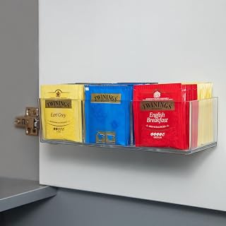 Tea Bag Organizer Holds up to 60 Tea Bags, Tea with 3 Compartments, Adhesive Wall Mount Tea Box Strong Tea bag Holder Hooks for Storage Cabinet and Kitchen Pantry Doors Transparent