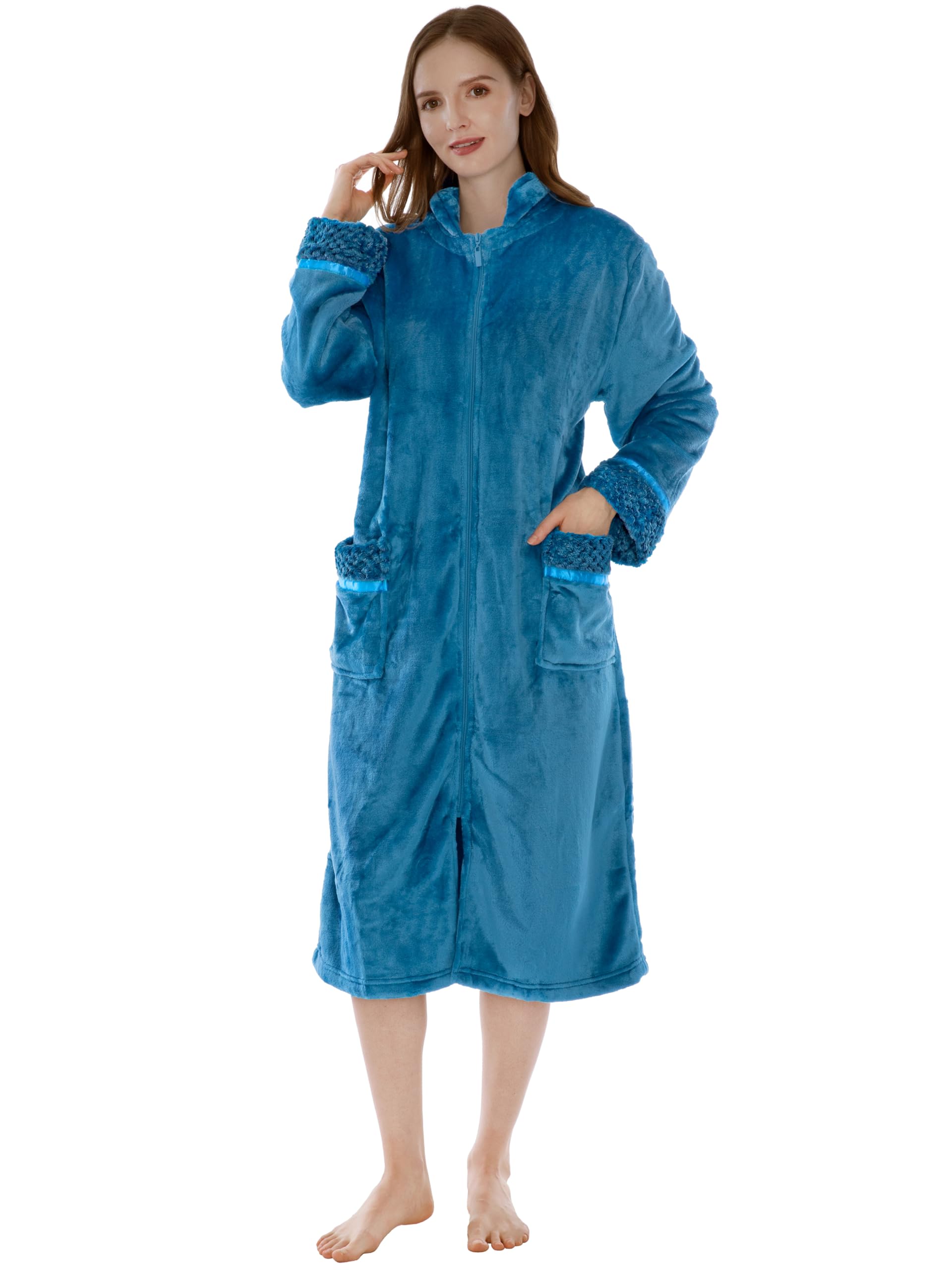 Womens Housecoat Zip Robe, Fleece Zip Up Front Robe Bathrobe, Plush Warm Zipper House Coat Lounger with Pockets, Long