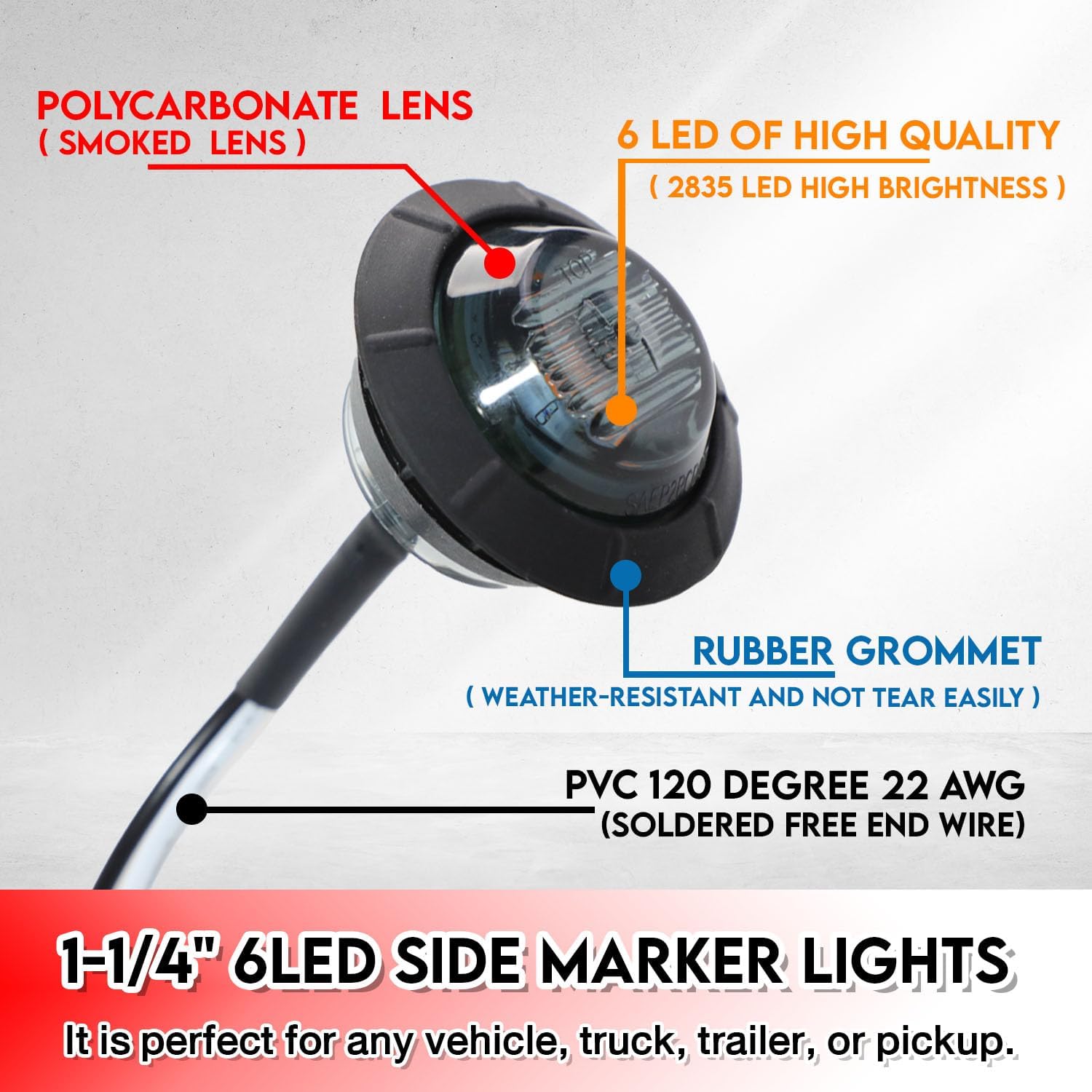 20 Pcs of 1-1/4 Inch Smoked Lens & Red Lights with 6 LEDs Mount Clearance Side Marker Lamp Bullet Marker Trailer Lights Universal 12V DC Vehicles Truck Pickup Boat Mack