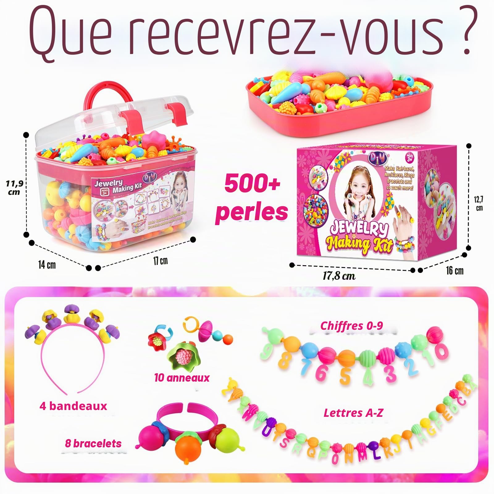 Kit de Fabrication de Bijoux pour Enfants - Perles pour Bracelet, Billes, Loisirs Créatifs - Jouets pour Filles de 3 à 7 Ans