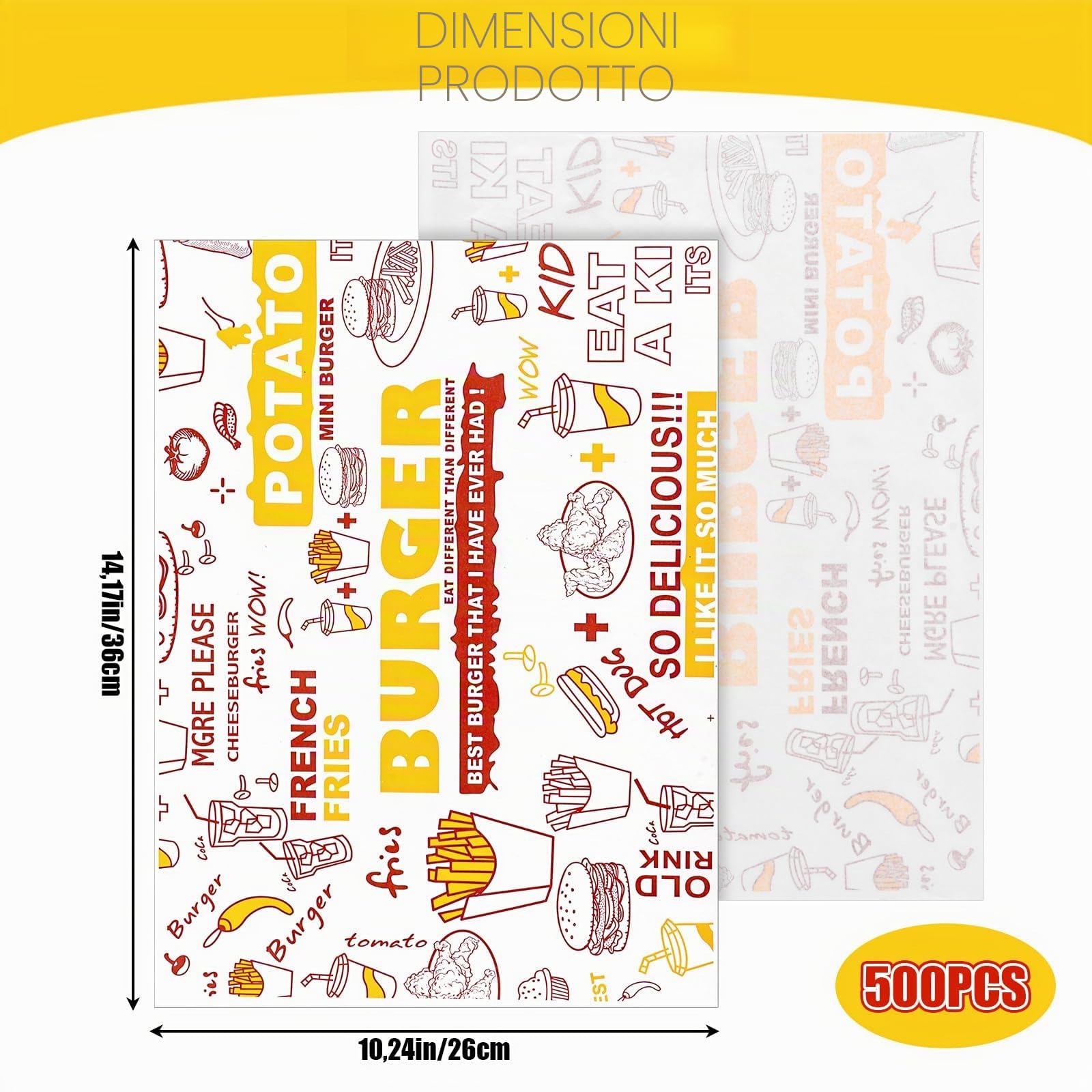 SHUESS 500 fogli di carta da forno effetto giornale, 36 x 26 cm, carta per burro e hamburger, carta per formaggio, carta cerata antiaderente per alimenti, carta per pane stampata per panini e patatine