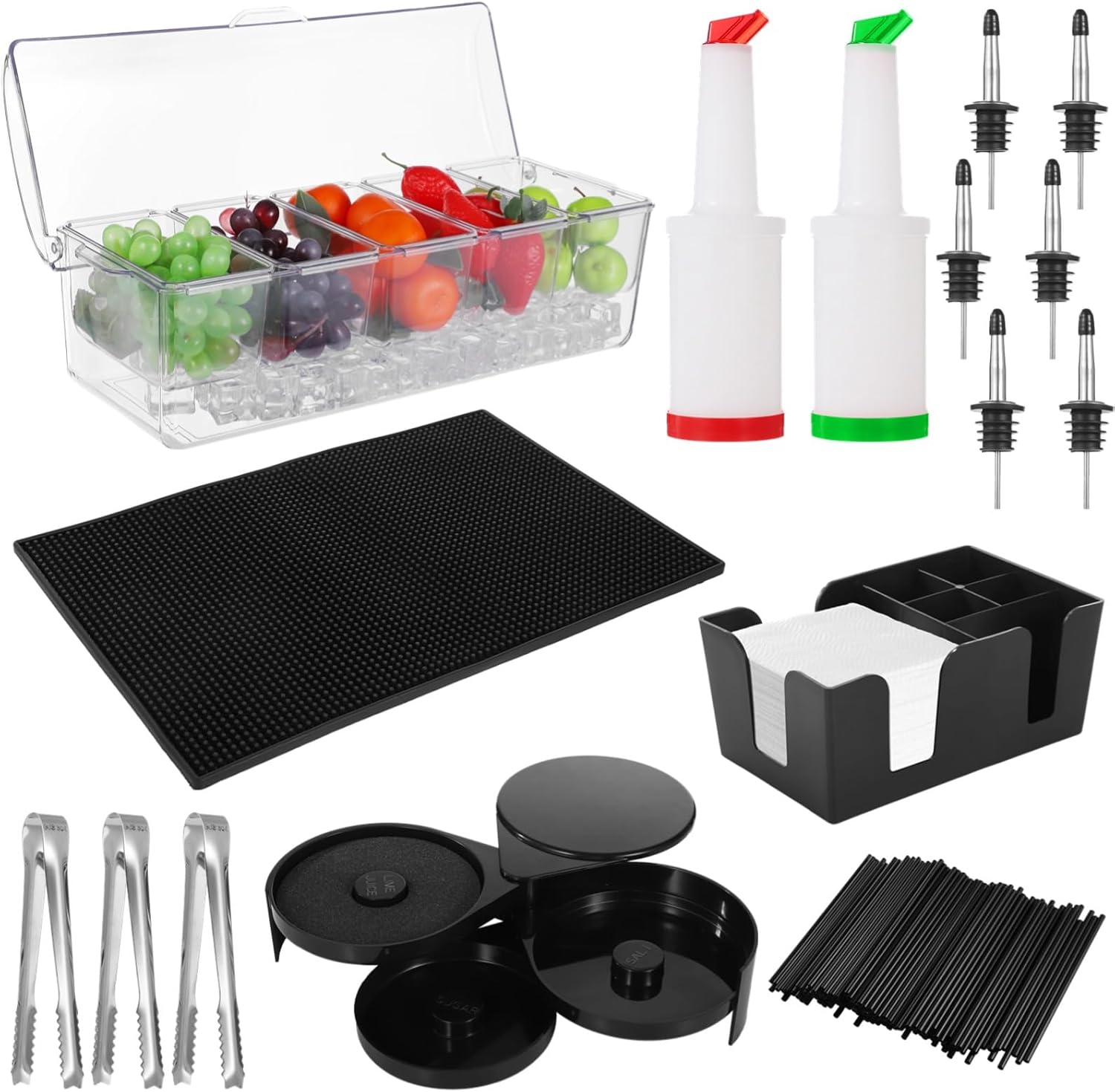 515 PCS Garnish Tray Bartending Supplies, Ice Tray with Lid Bar Caddy 3 Tier Glass Rimmer, Mobile Bar Set with Non-Slip Silicone Bar Mat, Juice Jugs with Spouts, 500 Straws, Bottle Pourers