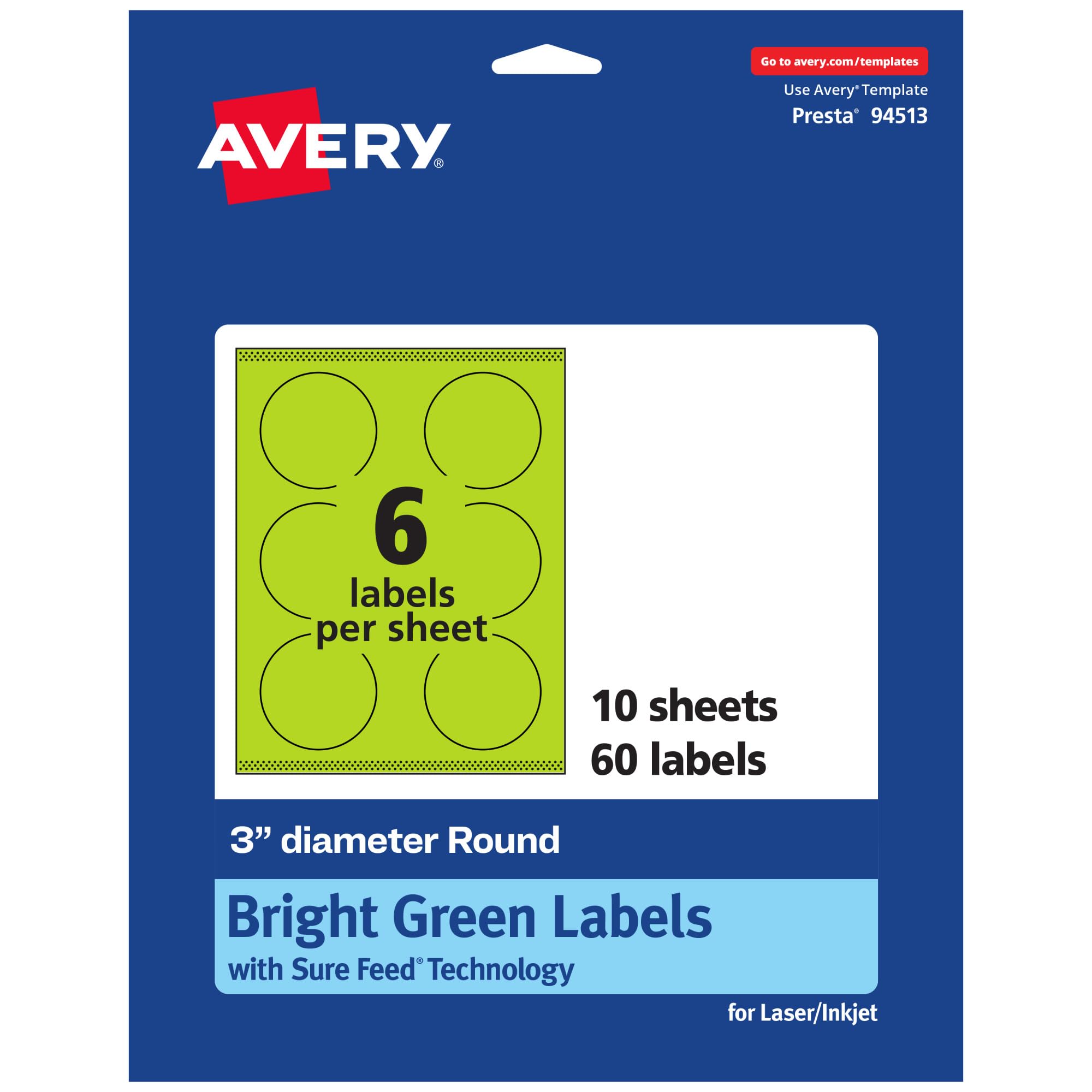 Avery Printable Round Labels, Sure Feed Technology, 3" Diameter, Bright Green Labels, Print-to-The-Edge, Laser/Inkjet Printable, 60 Total, Great for
