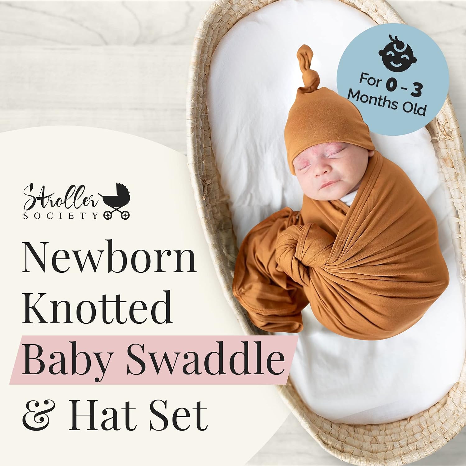 Stroller Society - Newborn Swaddle and Hat Set, Stretchy and Comfortable Baby Swaddle Blanket, Use as Receiving Blanket, Toddler Blanket and More, Camel, 47 x 47 inches