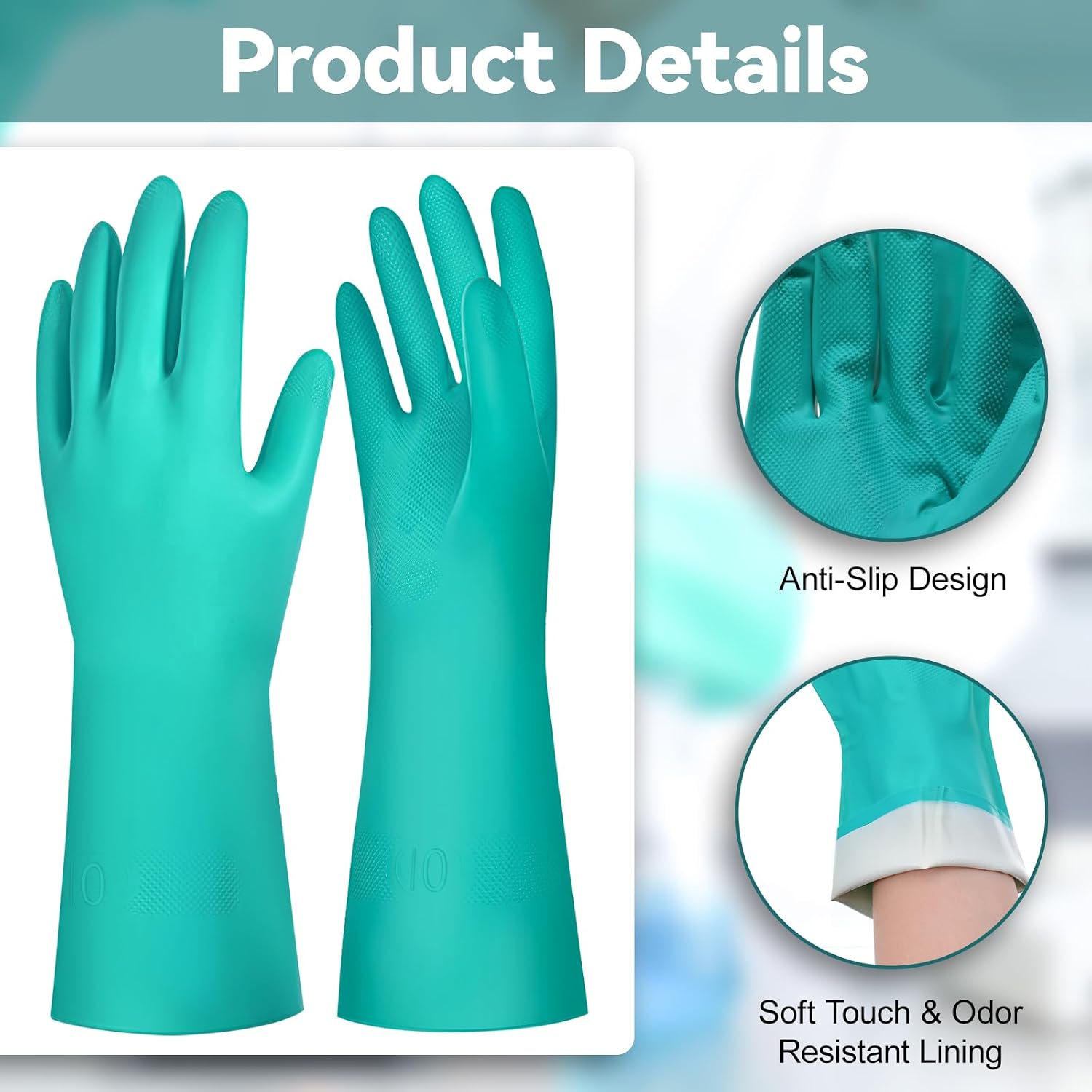 20 Pairs Nitrile Chemical Resistant Gloves, Heavy Duty Reusable Rubber Gloves Non-Slip Long Nitrile Glove Bulk for Cleaning, Resist Household Acid, Alkali and Oil (X-Large)