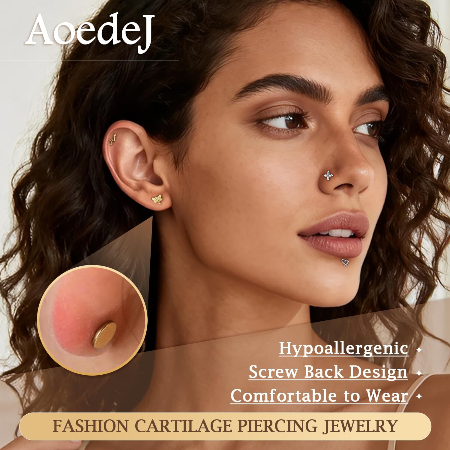 AOEDEJ 16G Gold Filled Internally Threaded Nose Rings Studs for Women Men Hypoallergenic Surgical Steel Nose Nostril Medusa Cartilage Helix Tragus Piercing Jewelry