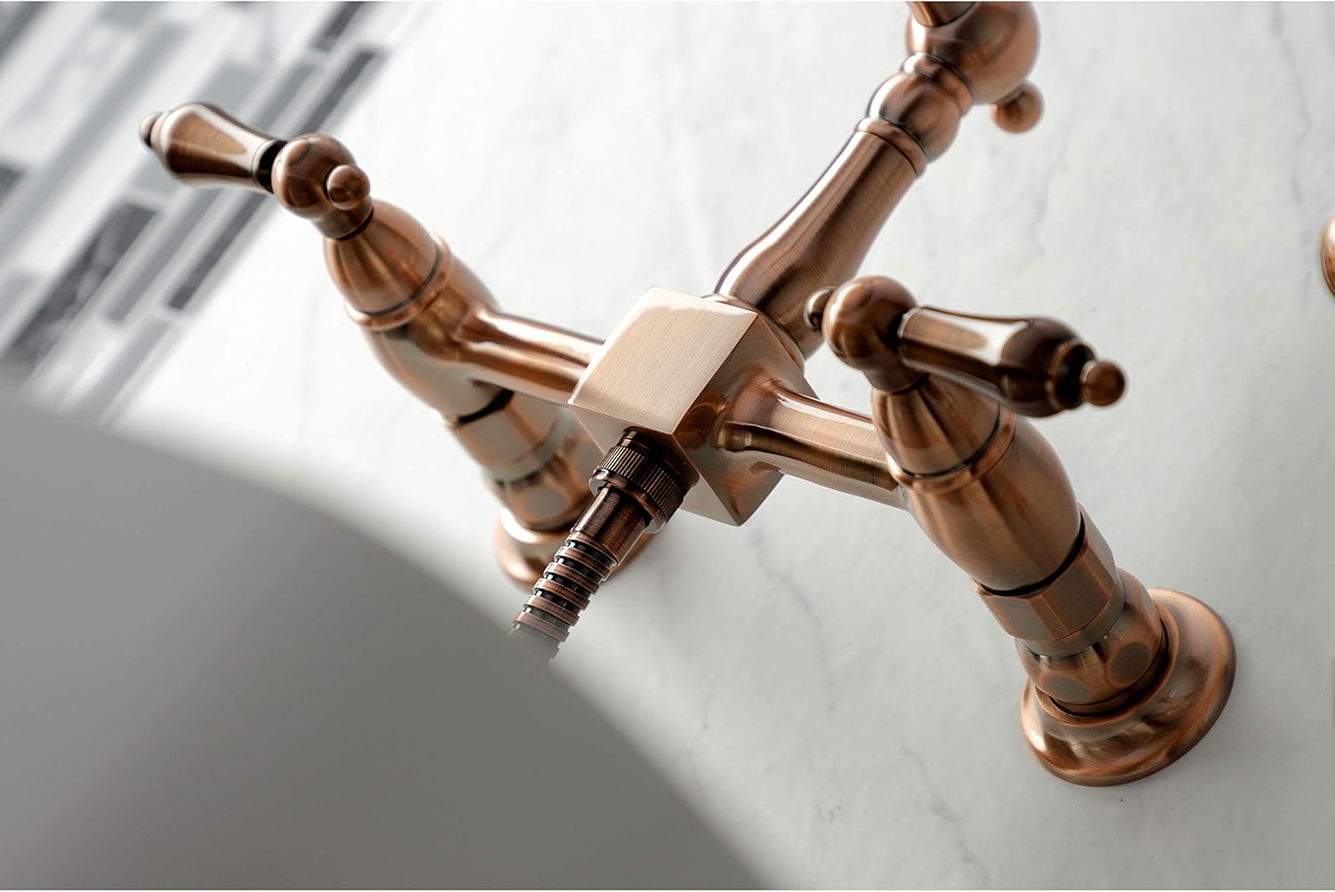 Kingston Brass KS124ALBSAC Heritage Wall Mount Bridge Kitchen Faucet with Brass Spray, Antique Copper