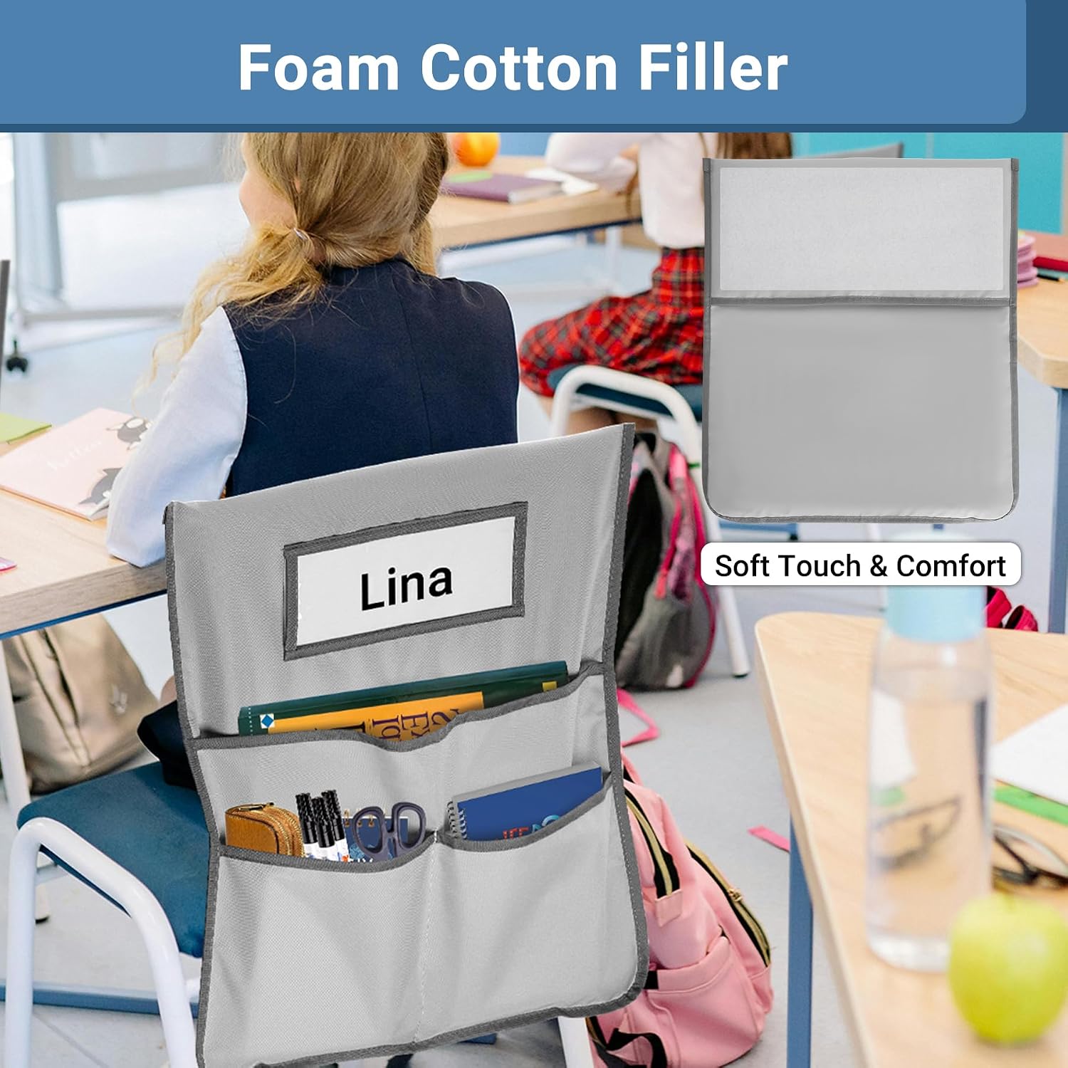 Chair Pockets for Classrooms 24 Pack,17 x 20 inch Grey Chair Back Buddy Pockets with 3 Pockets & Name Slot & Tags, Back of Chair Organizer for Classroom Chairs Seat Storage