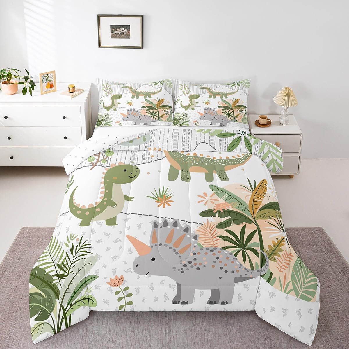 Feelyou Kids Cute Dinosaur Bedding Set Twin Size Cartoon Green Dinosaur Comforter Set for Boys Girls Teens Cute Animal Duvet Set Coconut Plant Quilt Set 2Pcs