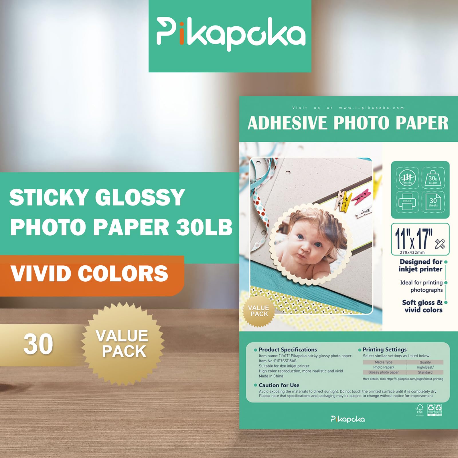 Carta fotografica autoadesiva, formato A3, lucida, per stampanti a getto d'inchiostro, 30 pezzi, 115 g/m² (P1117SS115AG)