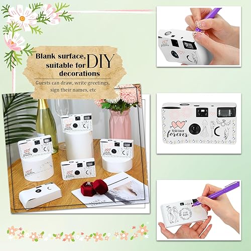 Miniatura 3 de Paquete de 8 cámaras desechables para boda de 1.378 in de película de un solo uso con flash, cámaras blancas desechables para bricolaje, cámara