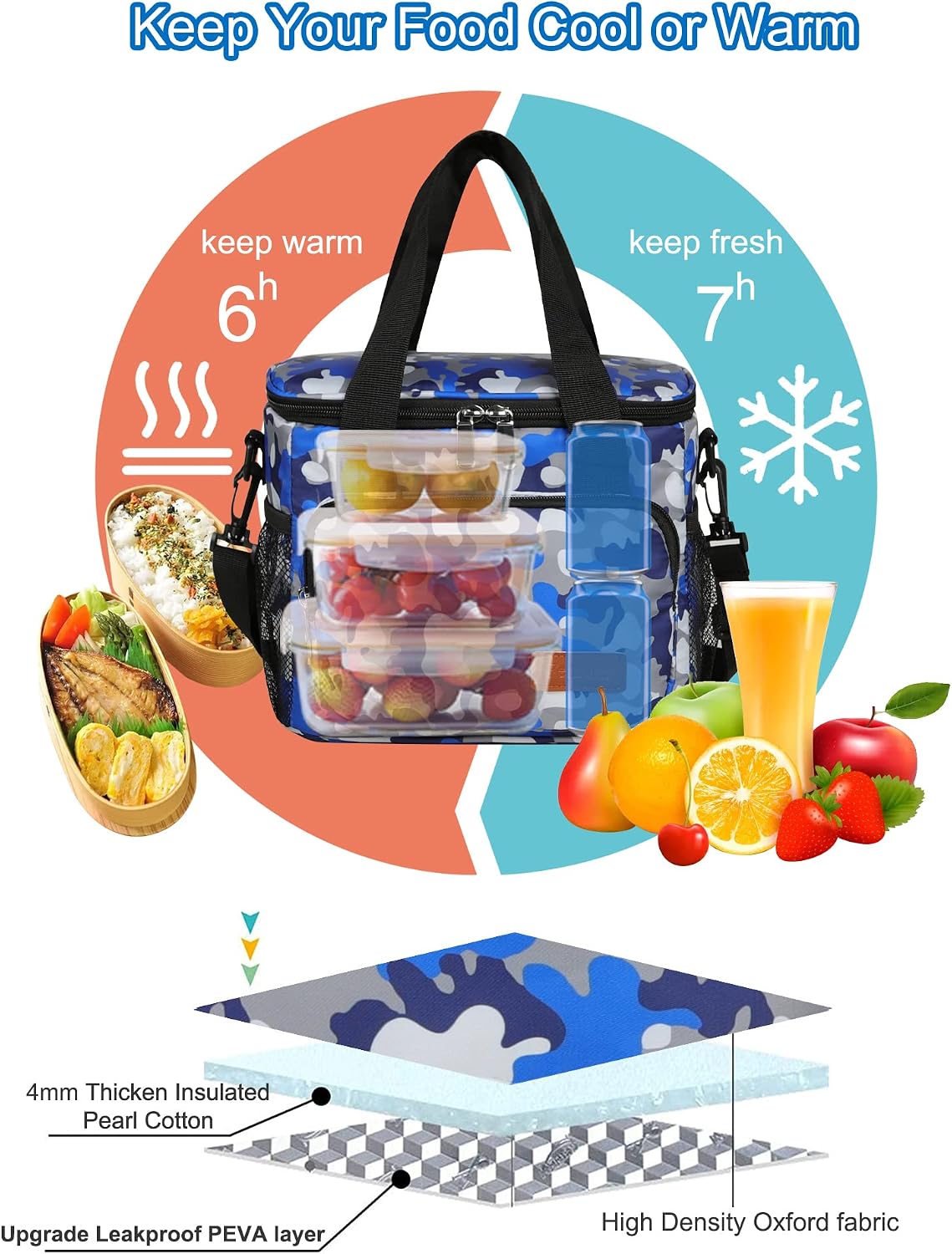 Femuar Reusable Lunch Box for Men/Women - Black (Blue Camouflage, Medium Size) image 5