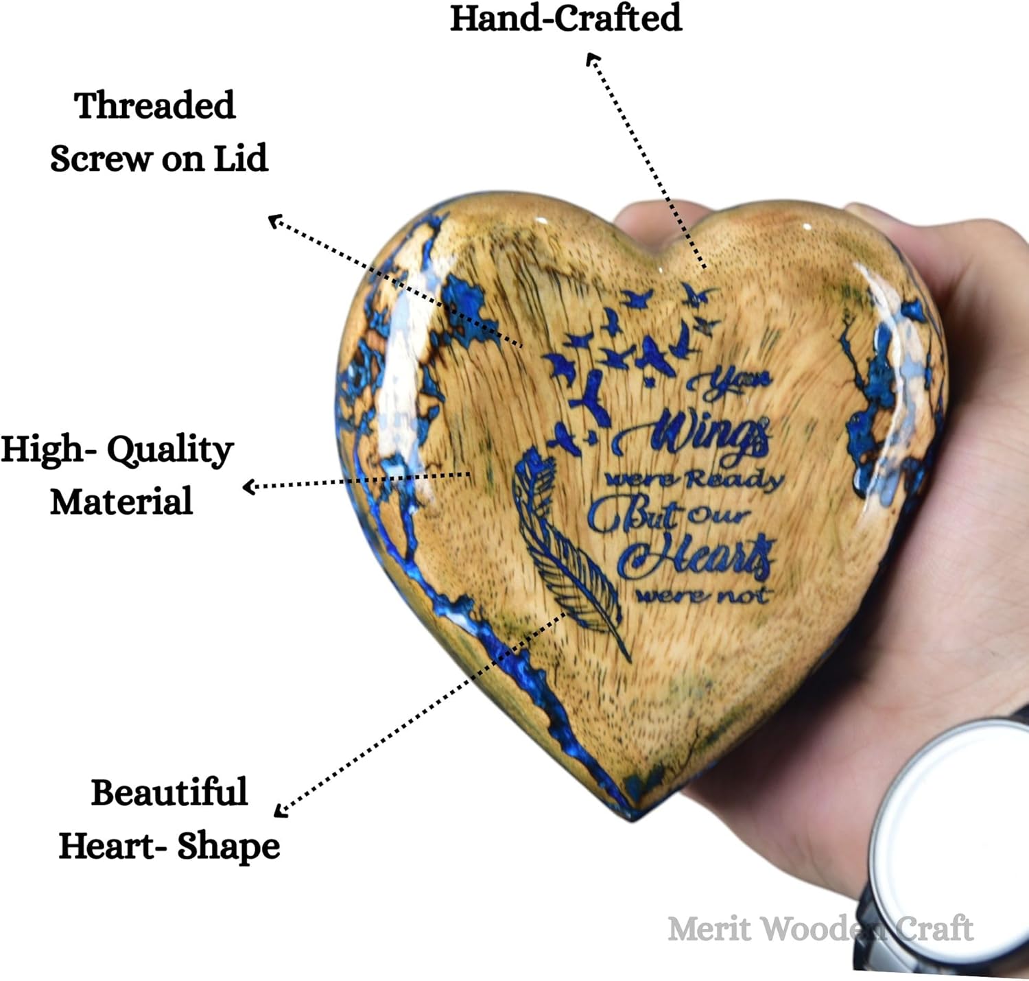 Handmade Heart Keepsake Urn with Engraved Quote & Blue Resin Inlay – Memorial Urn for Human or Pet Ashes (Small - 6 Cub/inch)