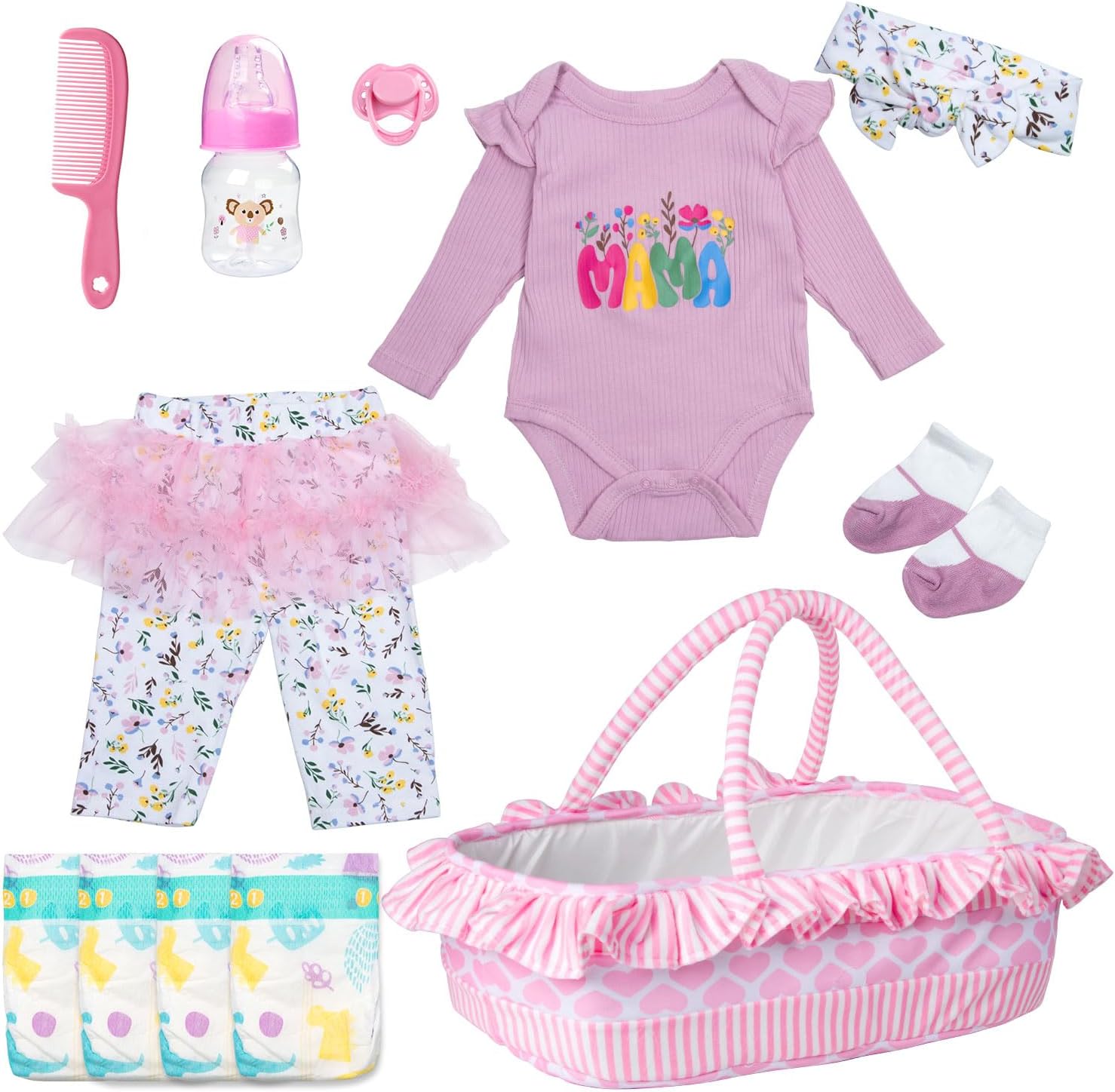 12Pcs Baby Doll Accessories Set Reborn Doll Clothes with Bassinet Diapers | Fit 17-22 Inch Girl Baby Dolls Soft Outfits Foldable Pink Basket Sleeping Bed Kids Pretend Game Toys Gift Giving for Girl