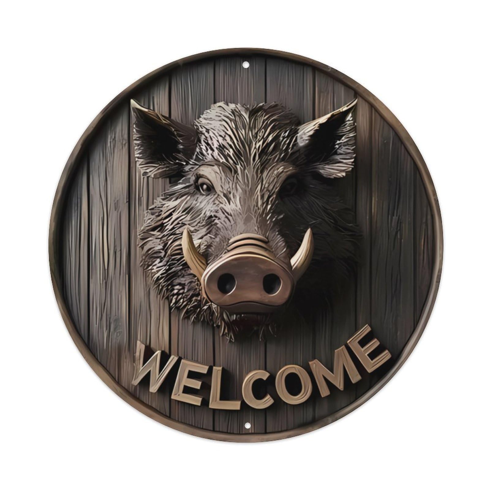 Wild Boar WELCOME Rustic Round Wall Sign Vintage Aluminium Metal Sign, Retro Wall Decor for Home, Bar, Garage & Farmhouse 20x20cm