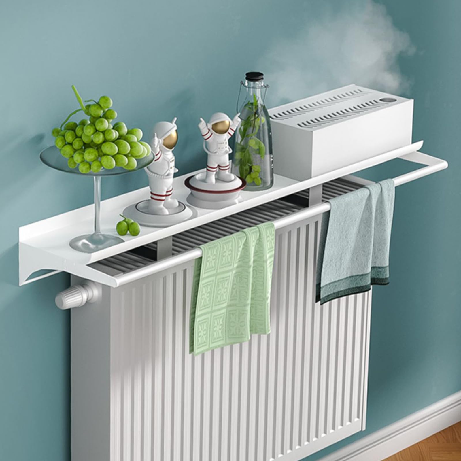 Copritermosifone Migliorata Bianca con Asta Portasciugamani, Mensola sopra Termosifone Senza Foratura Profondo 14cm, Copricalorifero in Lega di Alluminio con Staffa Facile da Montare,L 60cm/23.7in