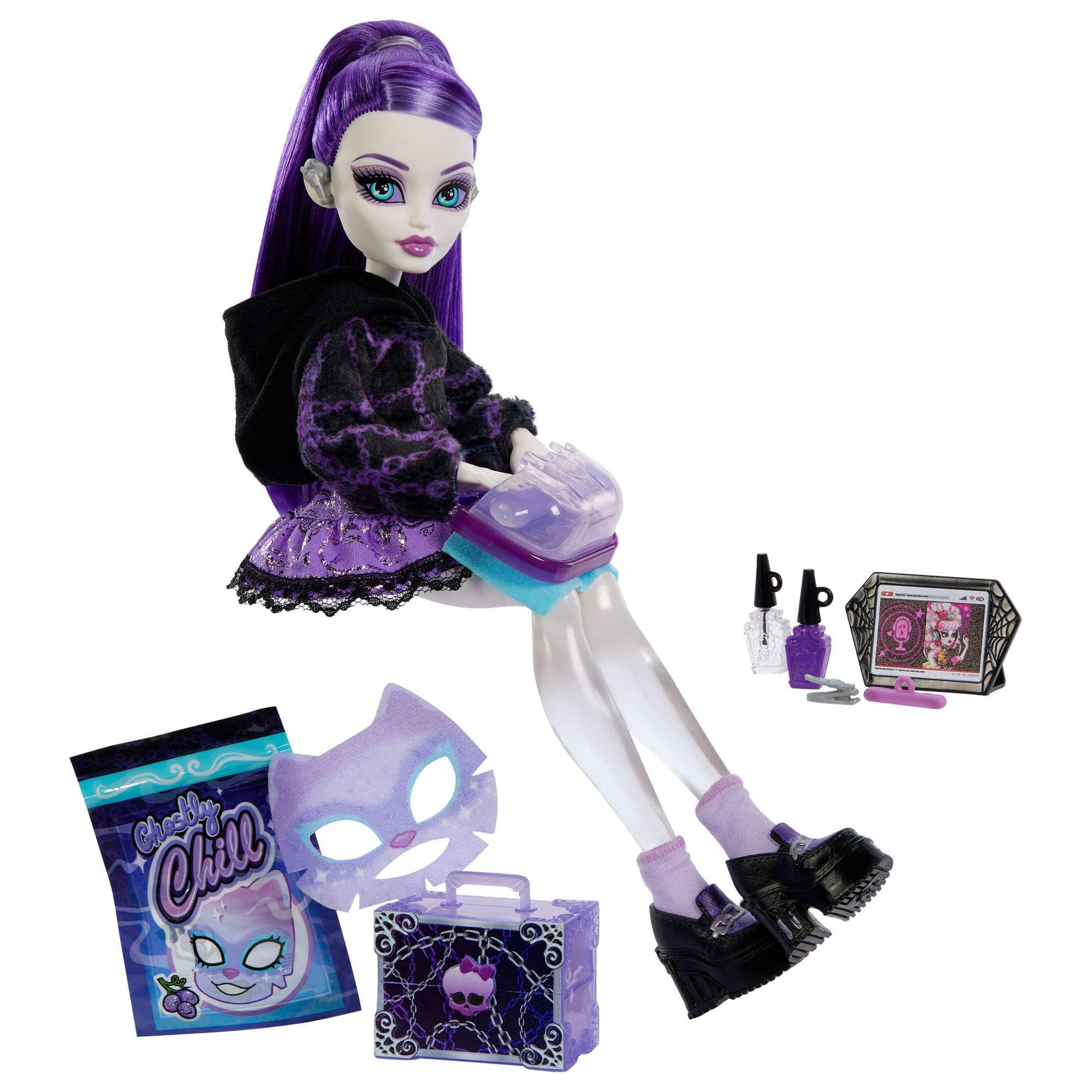 Monster High Self-Scare Secrets - Spectra Vondergeist, set con bambola e accessori tra cui 13 sorprese a tema come set per manicure e giradischi inclusi, 4+ anni, JHK46