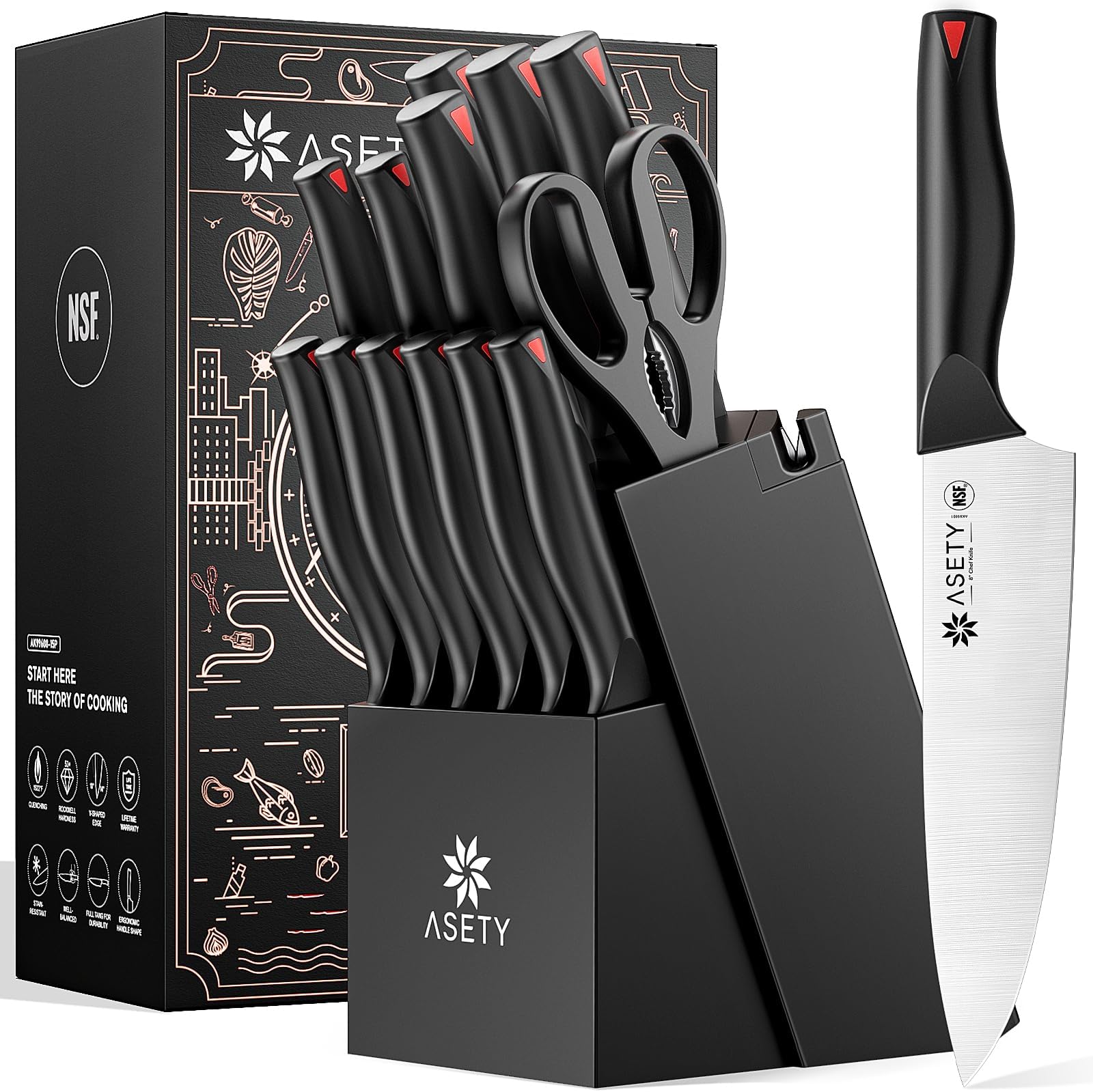 Knife Set, 15 PCS Kitchen knife Set with Bulti-in Sharpener Block, High Carbon Stainless Steel Knife Block Set, NSF Food Safe, Dishwasher Safe Knife Sets for Kitchen, Black, Elegant Box